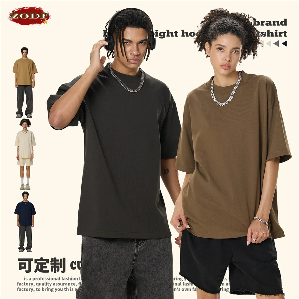 ZODF موضة 2026 الصيف رجل 350gsm تي شيرت للجنسين عالية الرقبة كبيرة الحجم قصيرة الأكمام الوزن الثقيل القطن تي شيرت العلامة التجارية تيز HY0031 #4