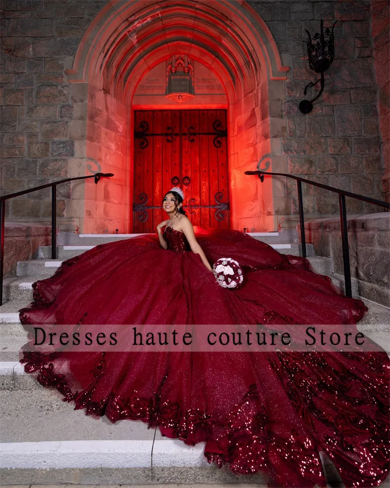 Burgundy Sequin Lace Quinceanera Dresses 2025 Customized Bead Applique Sweet 16 Dress Birthday Gowns Vestido De 15 Anos