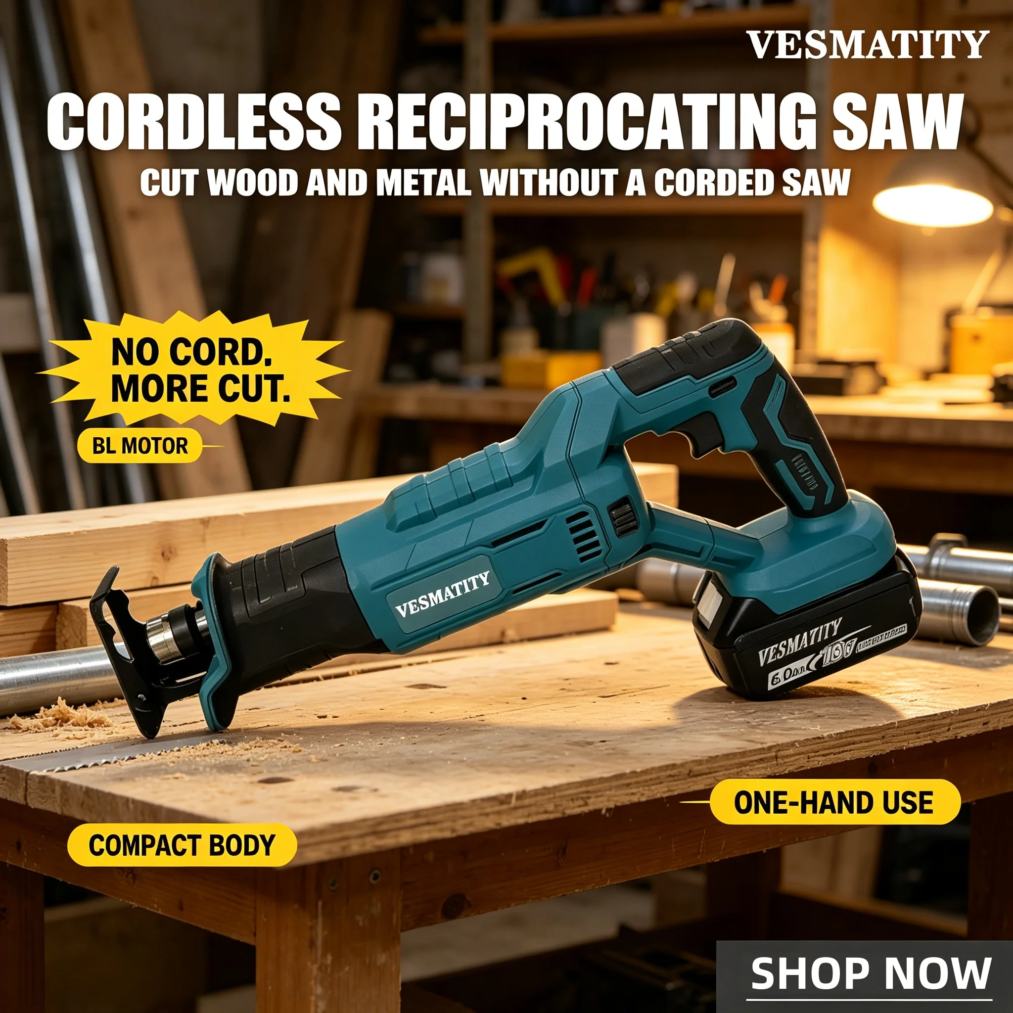 VESMATITY Brushless Reciprocating Saw High-Power Cutting Saw Handheld Multifunctional Household Small Electric Saw No Battery