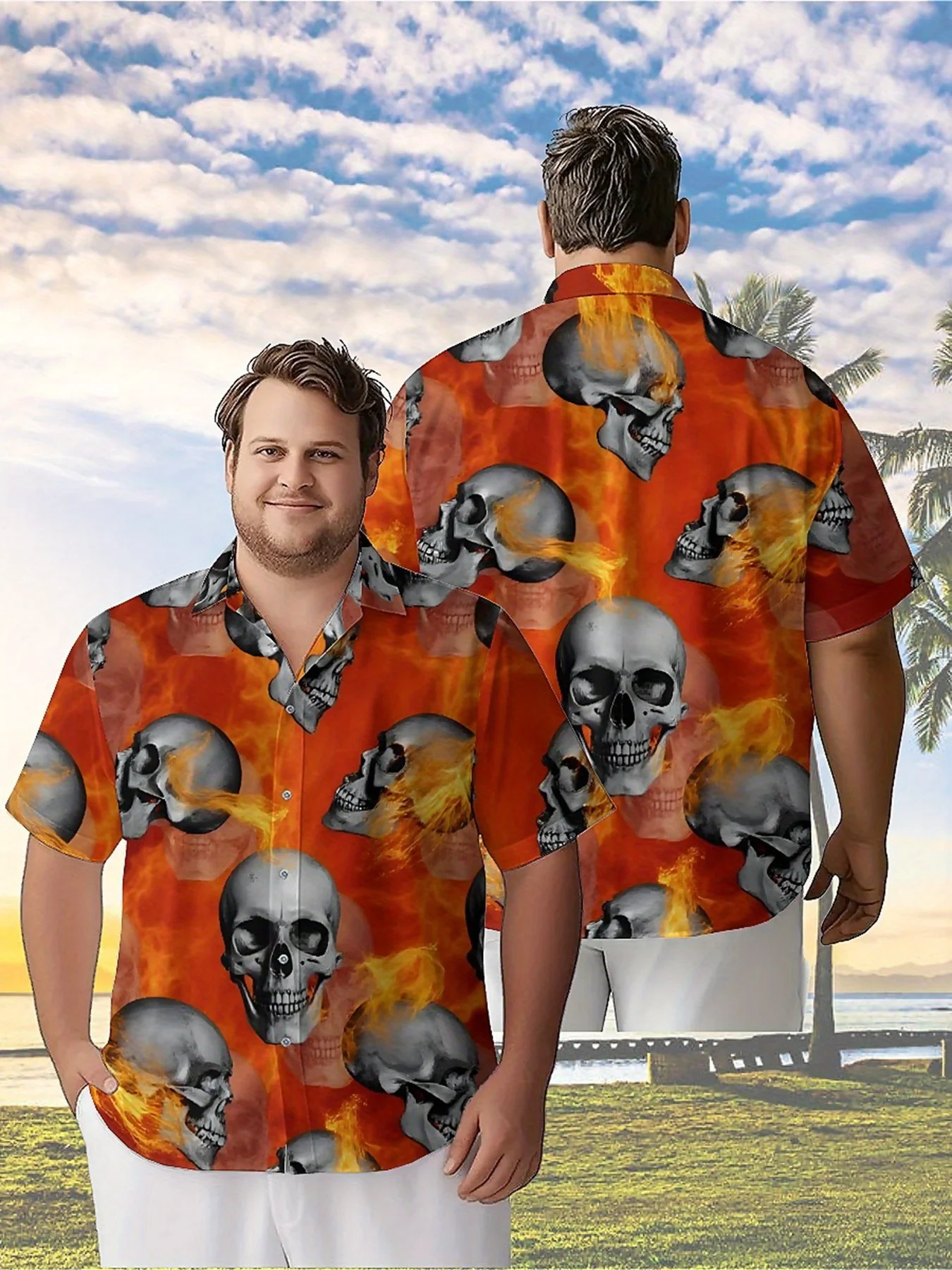 Men's Plus Size Hawaiian Shirts Flames and Skulls Pattern, Summer Casual Tops, Suitable for Outdoor and Party, Streetwear