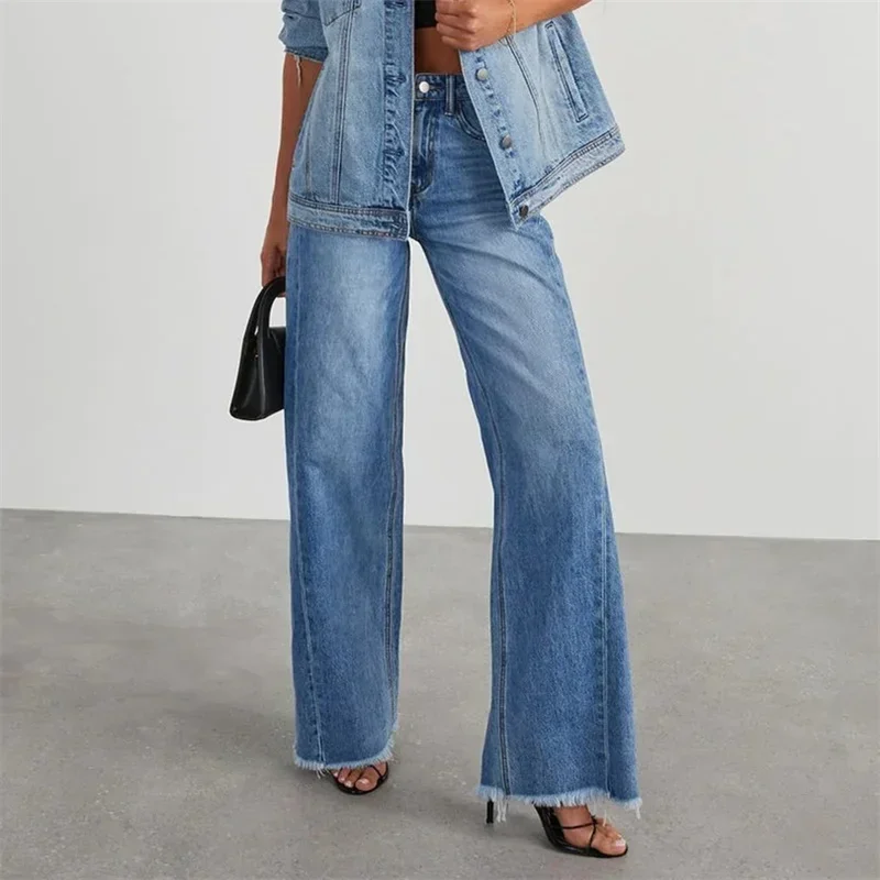 Moda Proste dżinsy z frędzlami Kobiety Spodnie jeansowe z kieszeniami na guziki Kobieta dojeżdżająca do pracy Luźne spodnie z szerokimi nogawkami 20223 Nowość