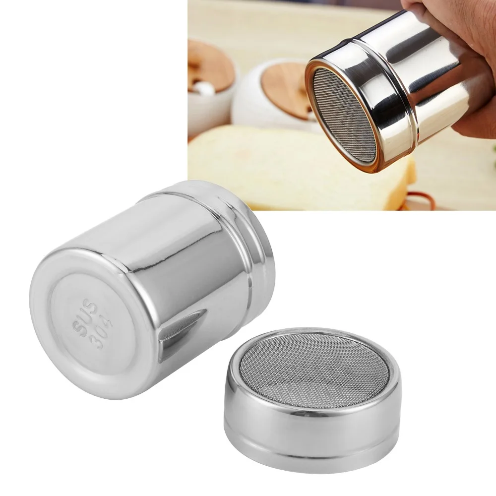2pcs 304 Stainless Steel Powdered Sugar Shaker With Lid Fine Mesh Fine Mesh Dredge 195ml/345ml Seasoning Shaker For Coffee Bar
