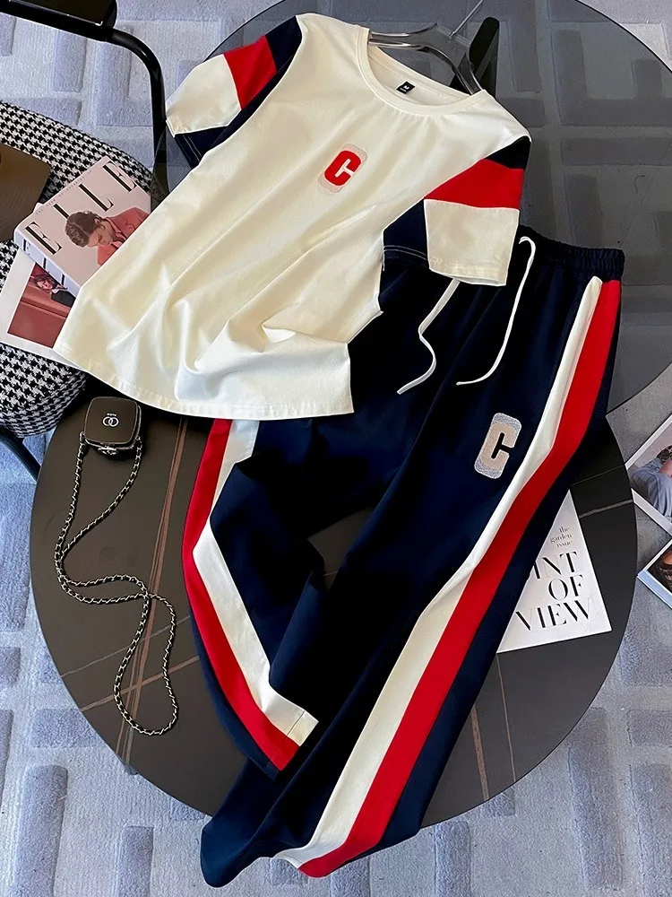 Set di abbigliamento sportivo casual da donna estivo nuovi pantaloni larghi a gamba larga marchio famoso abbigliamento sportivo set da due pezzi misto cotone femminile