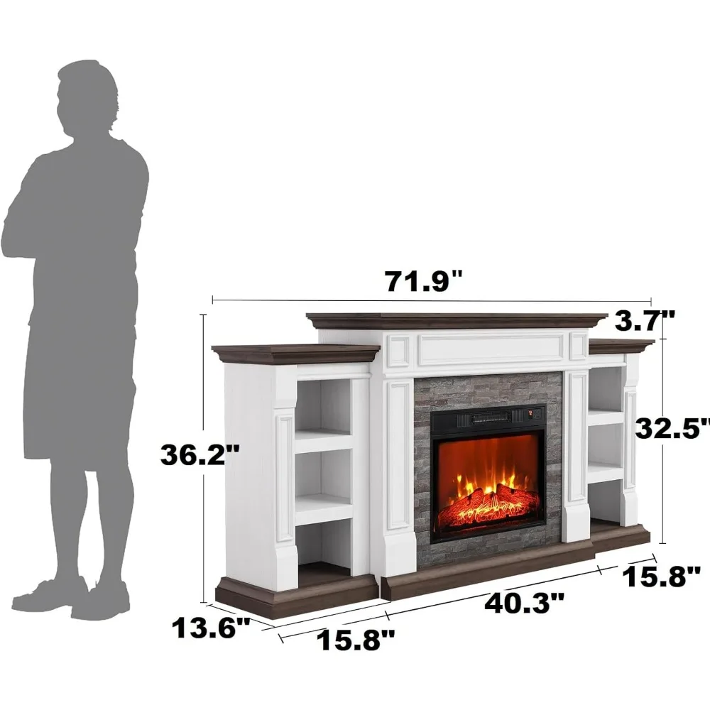 Chimenea eléctrica de 70" con repisa y gabinetes, soporte para TV con chimenea para sala de estar, dormitorio, envolvente de piedra apilada