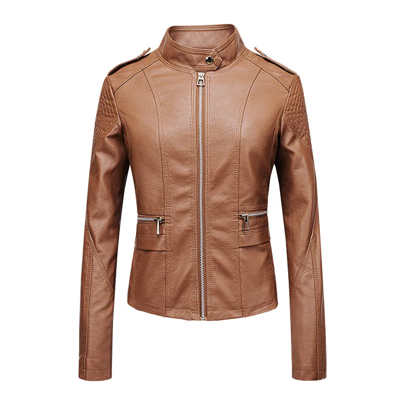 

2025 new casual stand collar leather jacket spring and autumn long sleeve coat women's fashion leather three-line craft clothing