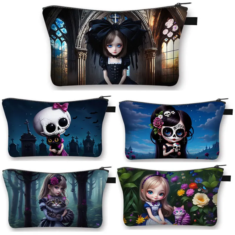 Cute Gothic Girl Print Cosmetic Case Dark Skull Fairy Women Makeup Bag Lipstick Storage Bag for Travel Ladies Toiletries Bags