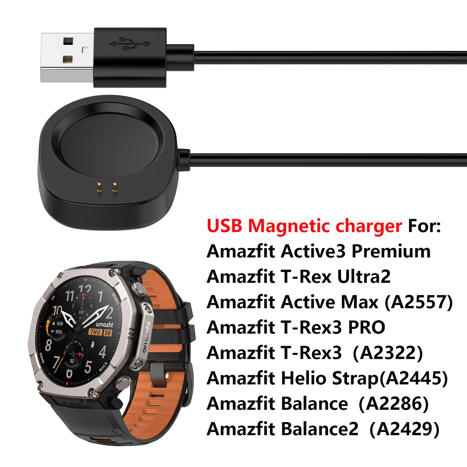 100CM USB Magnetic Charger Dock for Amazfit T-Rex Ultra2 /T-Rex 3(A2322) 3PRO /Active3 Premium /Balance2 Smart Watch Power Cable