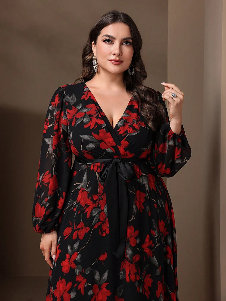 TOLEEN-Elegant Flower Print Lantern Sleeve Dress for Women, Floral Maxi Dresses, Casual Formal Party, Fashion, Plus Size, 2024