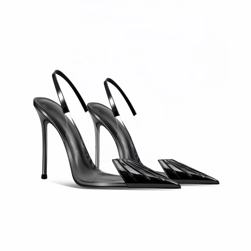 

Summer dress stunning transparent pointed thin heel high-heeled shoes, sexy black toe sandals for ladies