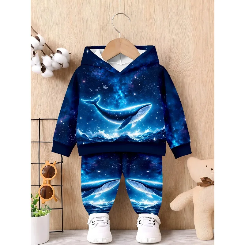 Kids Hoodie Jogger: Galaxy Ocean Whale Print, Moon Glowing Deer Graphic, Star Blue Butterfly Pattern Kid Tracksuit