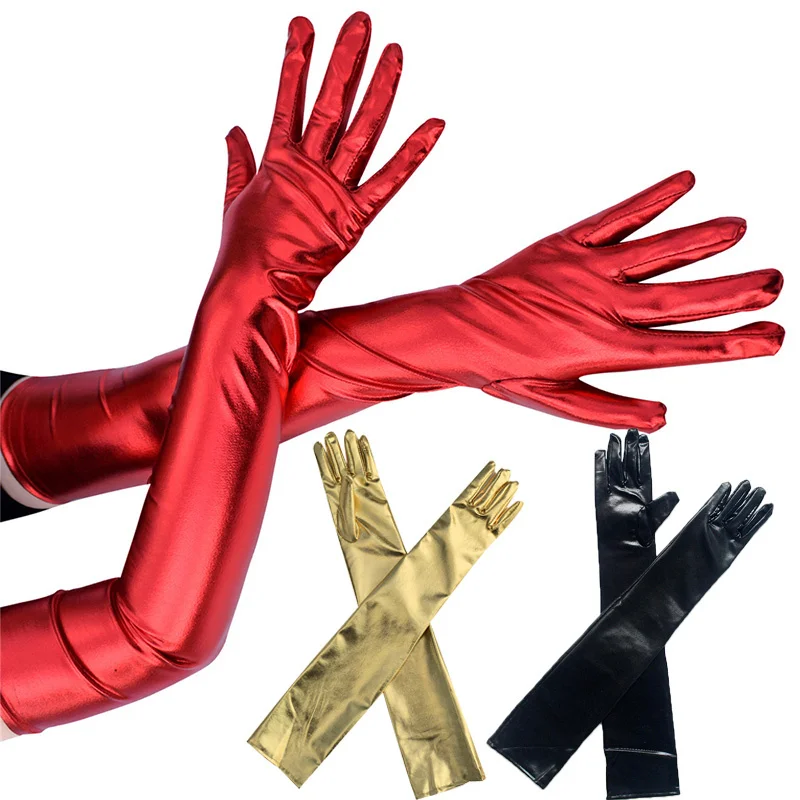 

Gold Silver Wet Look Leather Metallic Gloves Evening Cosplay Party Performance Mittens Women Sexy Elbow Length Long Latex Gloves