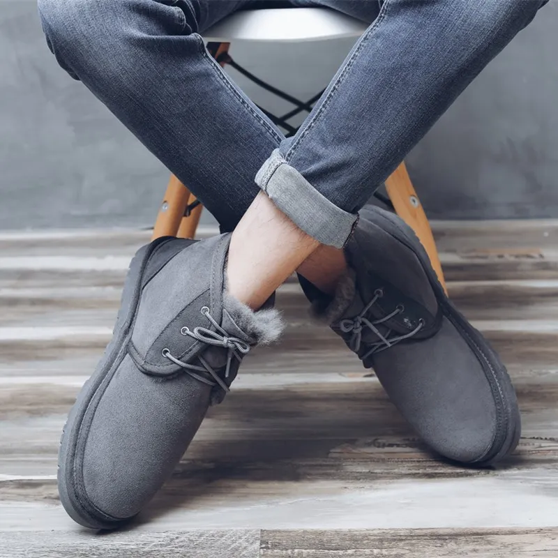 Fashion Lace up Men's Snow Boots Real Sheepskin Leather Winter Boots 100% Natural Fur Wool Ankle Boots Warm Winter Shoes view 2