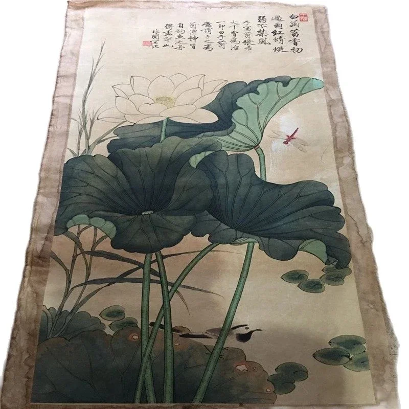 Chinese Old Scroll Yu feidark - Dragonfly of Lotus Pictures Painting Rice Paper Painting Slice