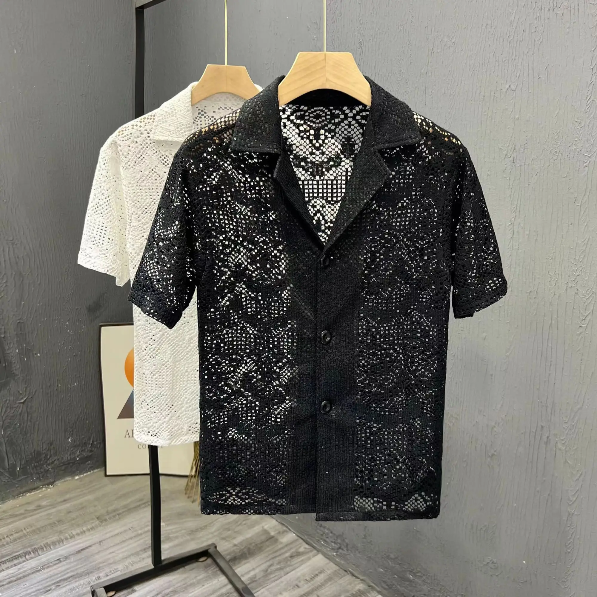 Vintage Ice Silk Lace Shirts For Men Sexy Lace Breathable Hollow