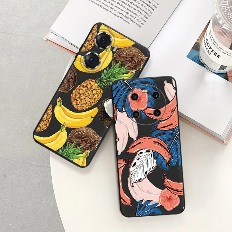 Чехлы для телефонов Honor X7b, X7, X8, X9b, X6a, 90, 70, Magic5, банановые листья, фрукты, цветок, пиксель 6, 7, 6a, 7a, 8a, 8 Pro, Черная оболочка