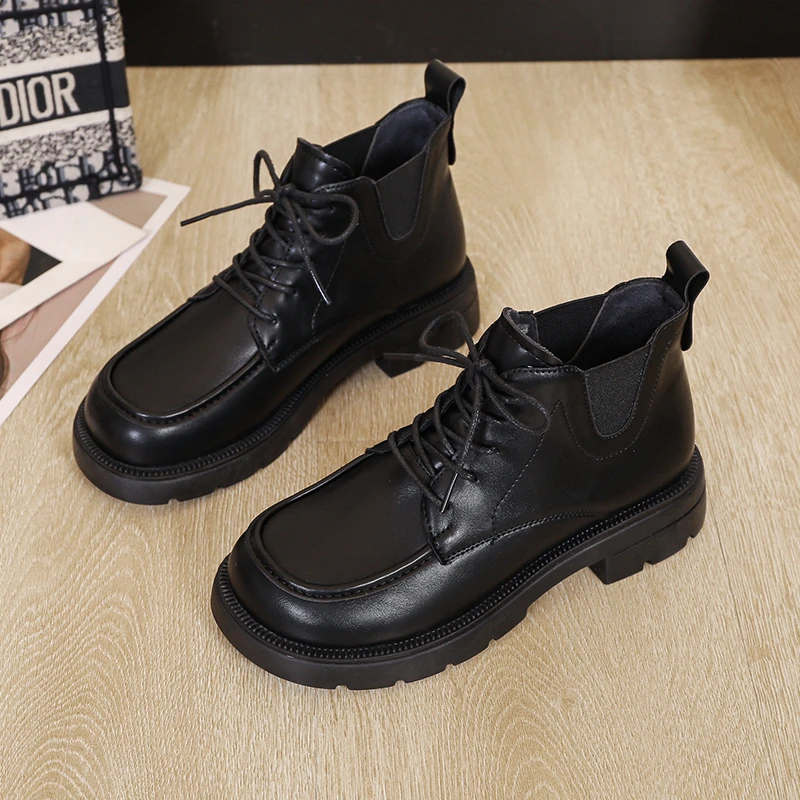 Pmwrun Female British Style 2022 Autumn Fashion Retro Wild Foreign Style Small Explosion Student Round Head Lace-up Ankle Boots