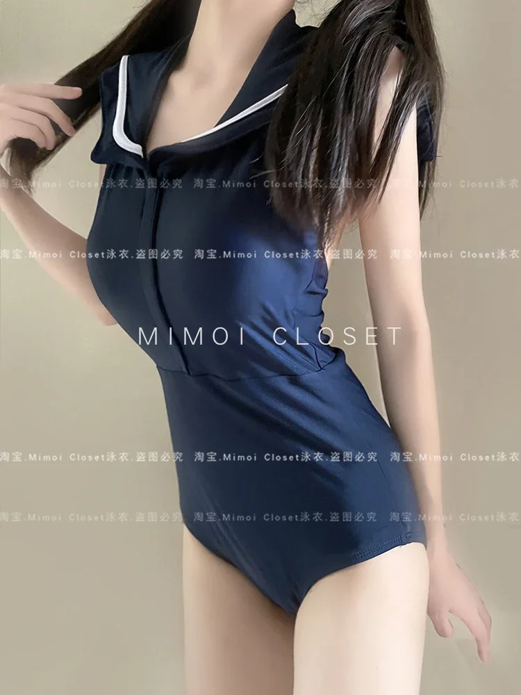 Summer New Blue Color Sailor Suit Cute Japanese Sexy Hot Spring Bathing Suit Women One Piece Swimsuit and Skirt Two-Piece Set