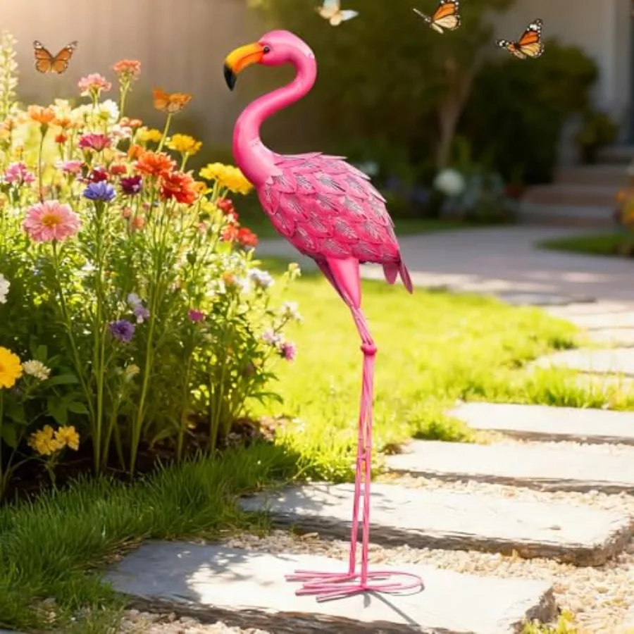 

Outdoor garden decoration: metal pink flamingo statue for backyard, pond, patio, porch large size, weather-resistant finish, vi
