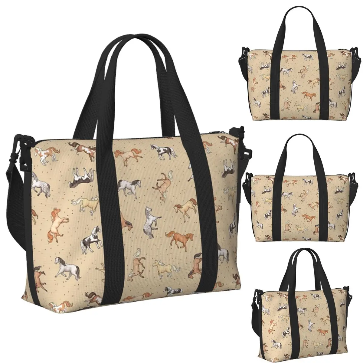 

Custom Scattered Horses Spotty On Taupe Pattern Beach Travel Bag Tote Bags for Gym Sport Women Shopping Duffle Shoulder Bag