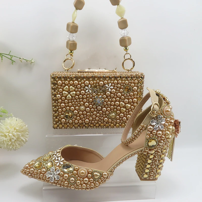

champagne Wedding Shoes and Bag Sandals Woman Thick heel Tassel Crystal Party Dress Shoes Woman High Pumps Ivory Pearl Clutch