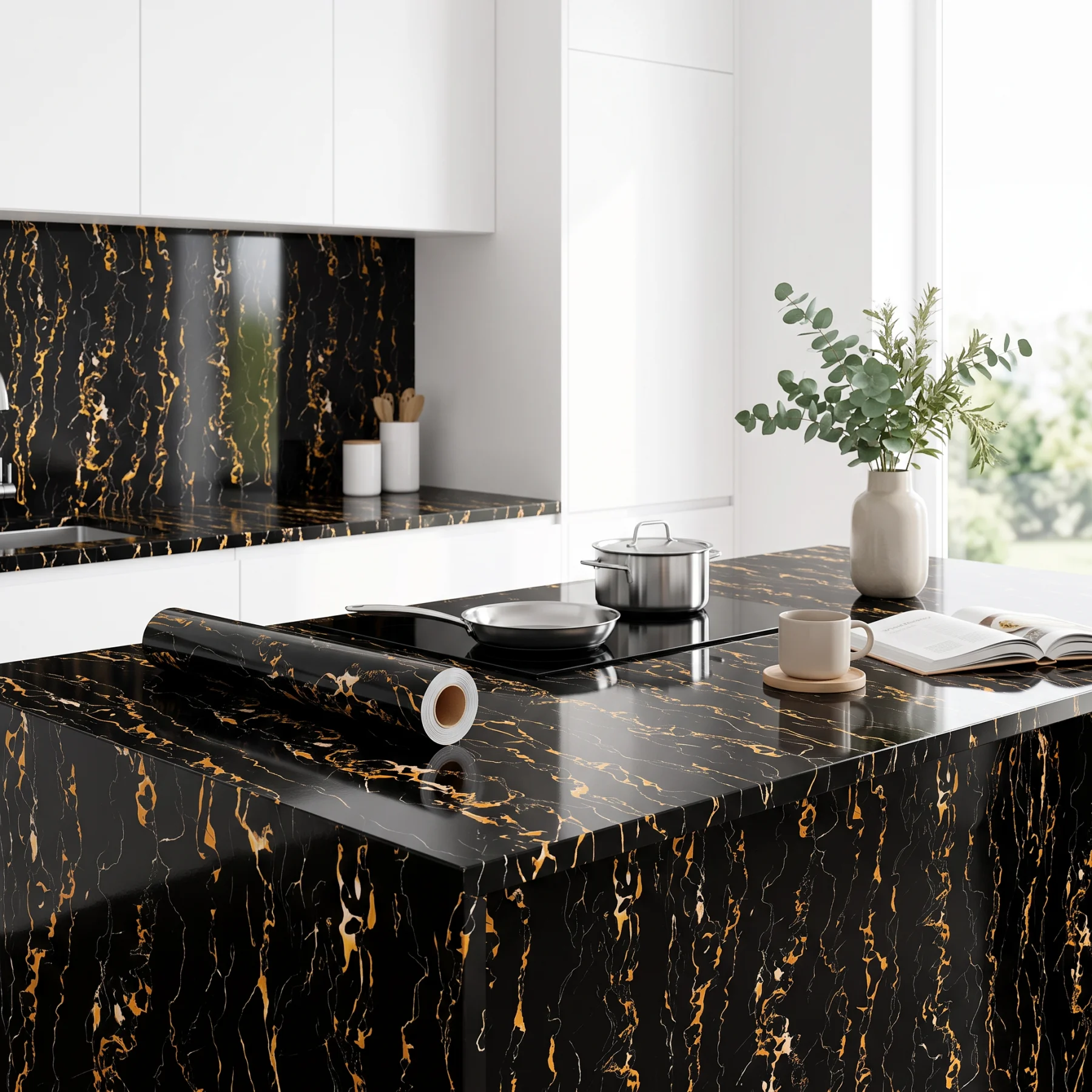 1 Roll Self-Adhesive Marble Wallpaper Oil-Proof Waterproof Kitchen Cupboard Counter Backsplash Decor Easy to Cut Room Decoration