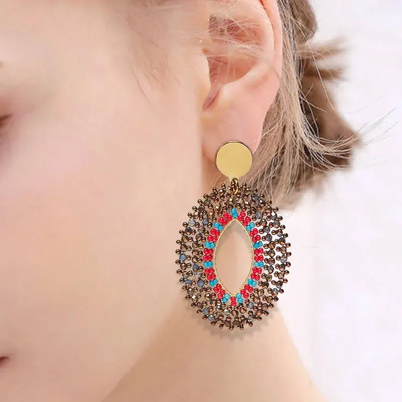 Rice bead earrings Ellipse Crystal Originality Geometry Hand knitting Bohemia Alloy Fashion Simple Colour Beaded earrings