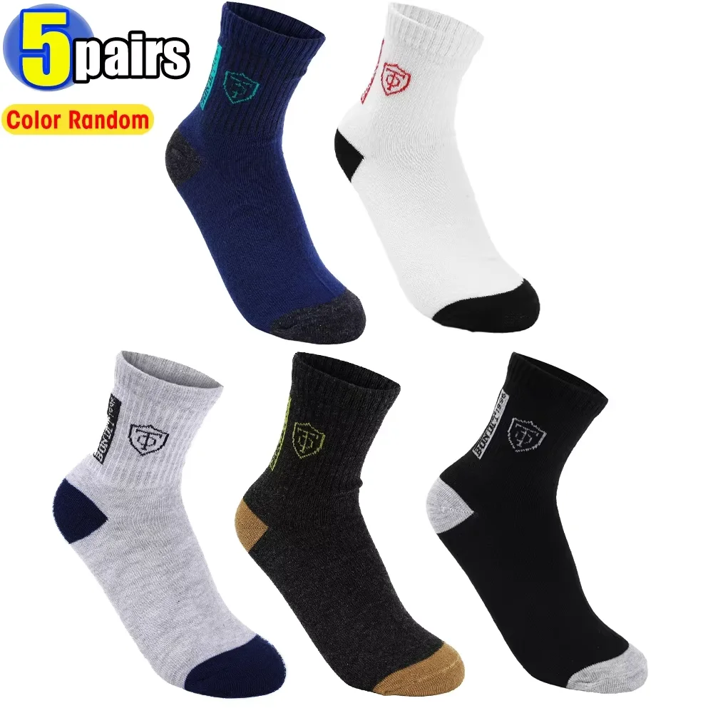 5Pairs Mens Cotton Sports Socks Spring and Autumn Leisure Sweat Absorbent Comfortable Breathable Basketball Socks Meias EU 38-43