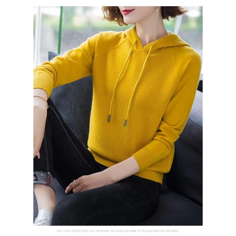 Sweater Women's Spring and Autumn Bottoming Sweater Hooded Style Sweatshirt Solid Color Pullover Fashion Top