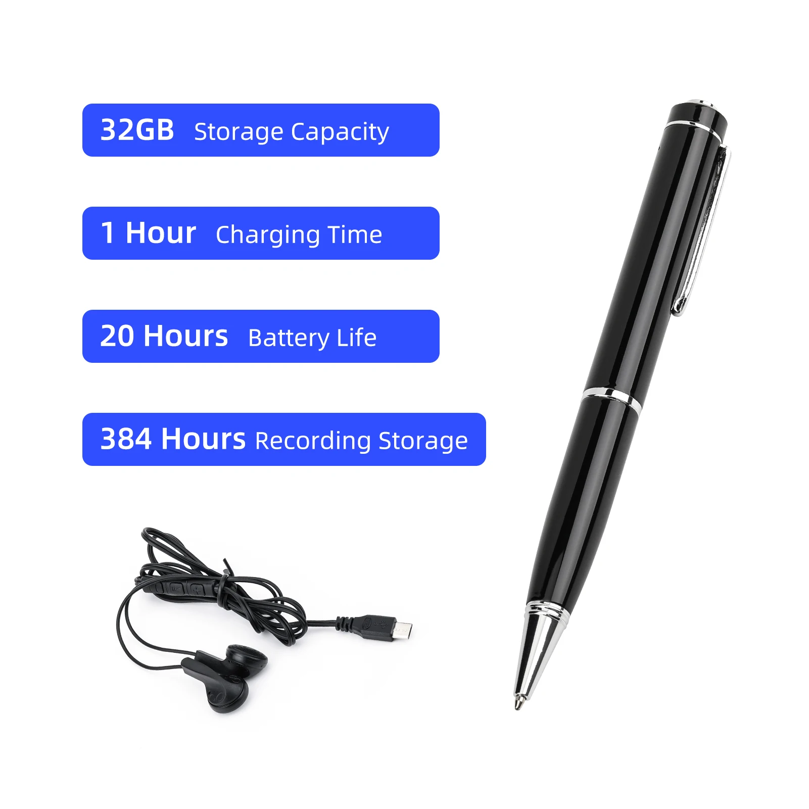 Digital Voice Recorder Pen Sound Audio Activated Dictaphone Recording Device Professional Music Player with USB Cable Earplug