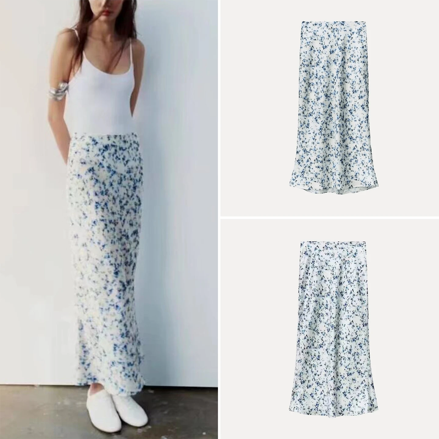

Summer 2025 Women's High Waist Silk Satin Print Midi Skirt Commute Sle A-Line Long Dr Polyester Fiber Floral Pattern