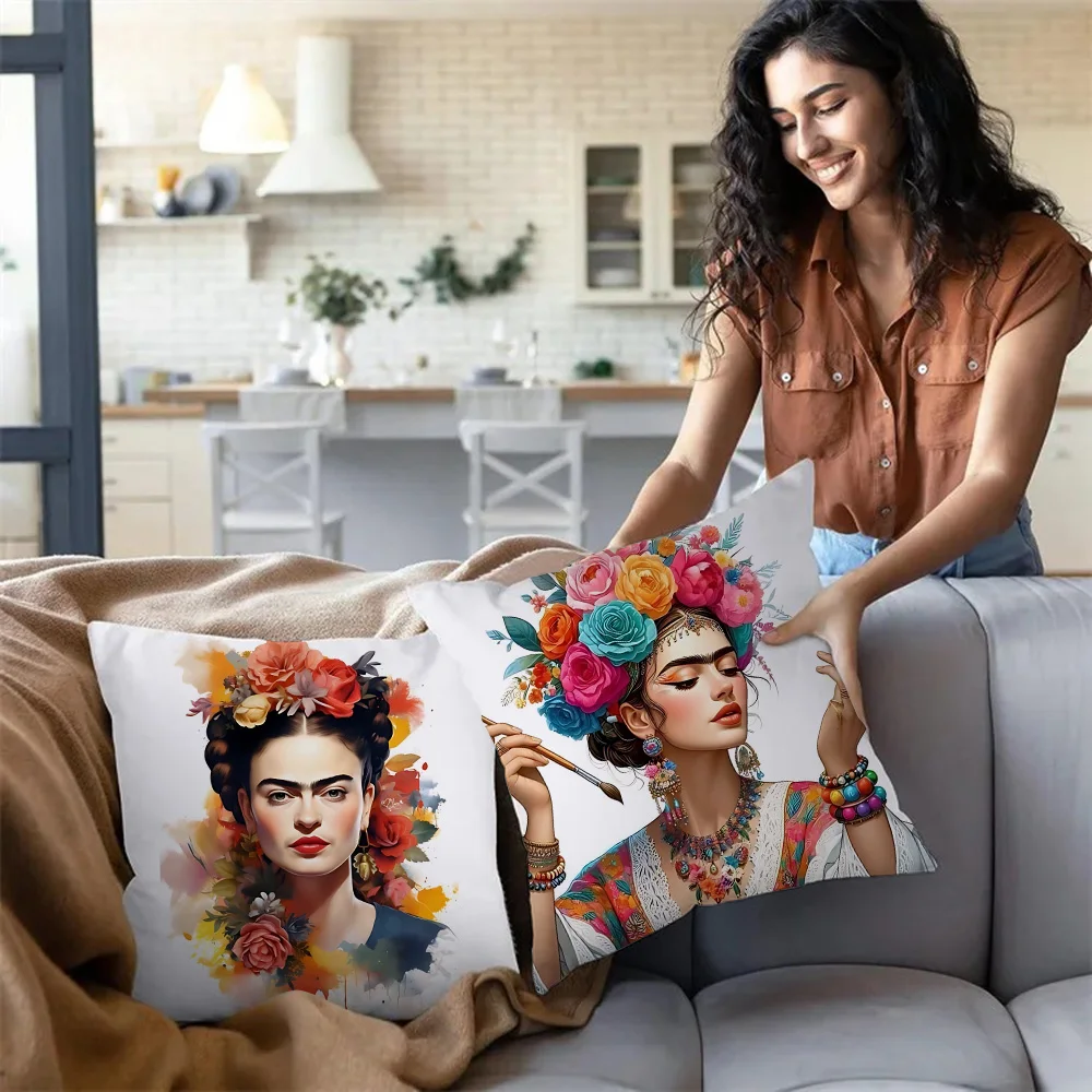 Kissenbezüge Art F-Frida K-Kahlo Cartoon Sofa Dekorativ Zuhause Doppelseitiger Druck Kurzer Plüsch Niedlicher Kissenbezug