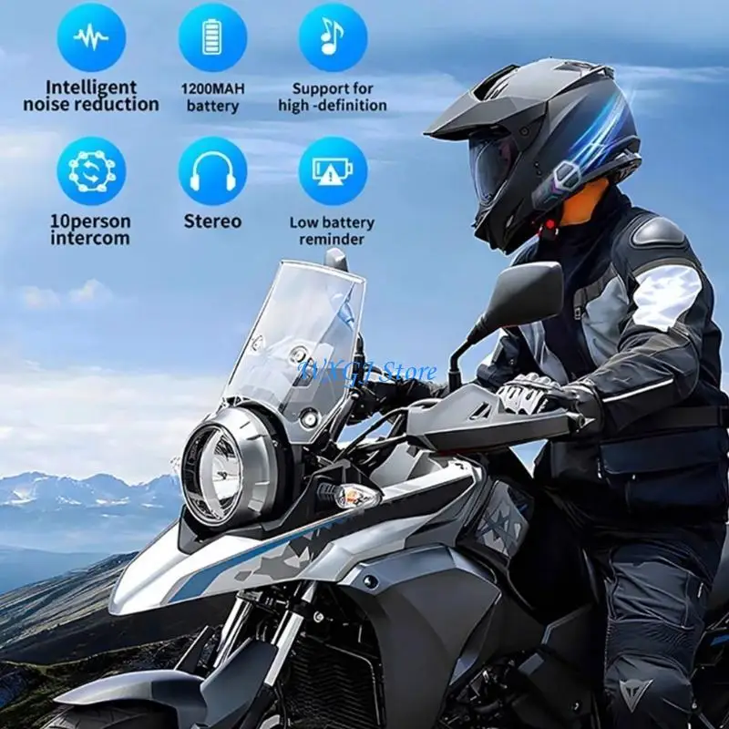 Interkom Helm Sepeda Motor Nirkabel 37JE untuk 10 Pengendara, Konektivitas 2000M, Teknologi Peredam Kebisingan, Tahan Air 2x