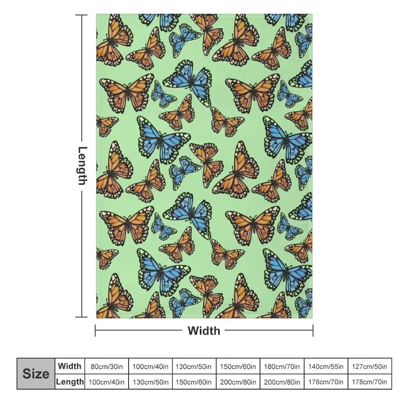 Blue and Orange Monarchs on Pastel Green Throw Blanket couch cozy soft plush fuzzy picnic outdoor blanket