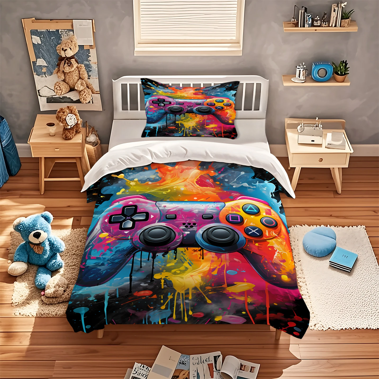 Colorful Splash Graffiti Game Controller Duvet Cover Set Gaming Gamepad Bedding Set Soft Polyester Quilt Cover With Pillowcase