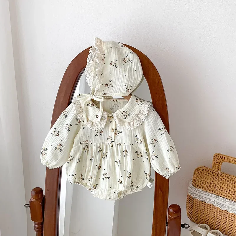 2024 Autumn New Baby Clothes Floral Bodysuit for Infant Girls Toddler Peter Pan Collar Long Sleeve One Piece with Hat 0-2 Y