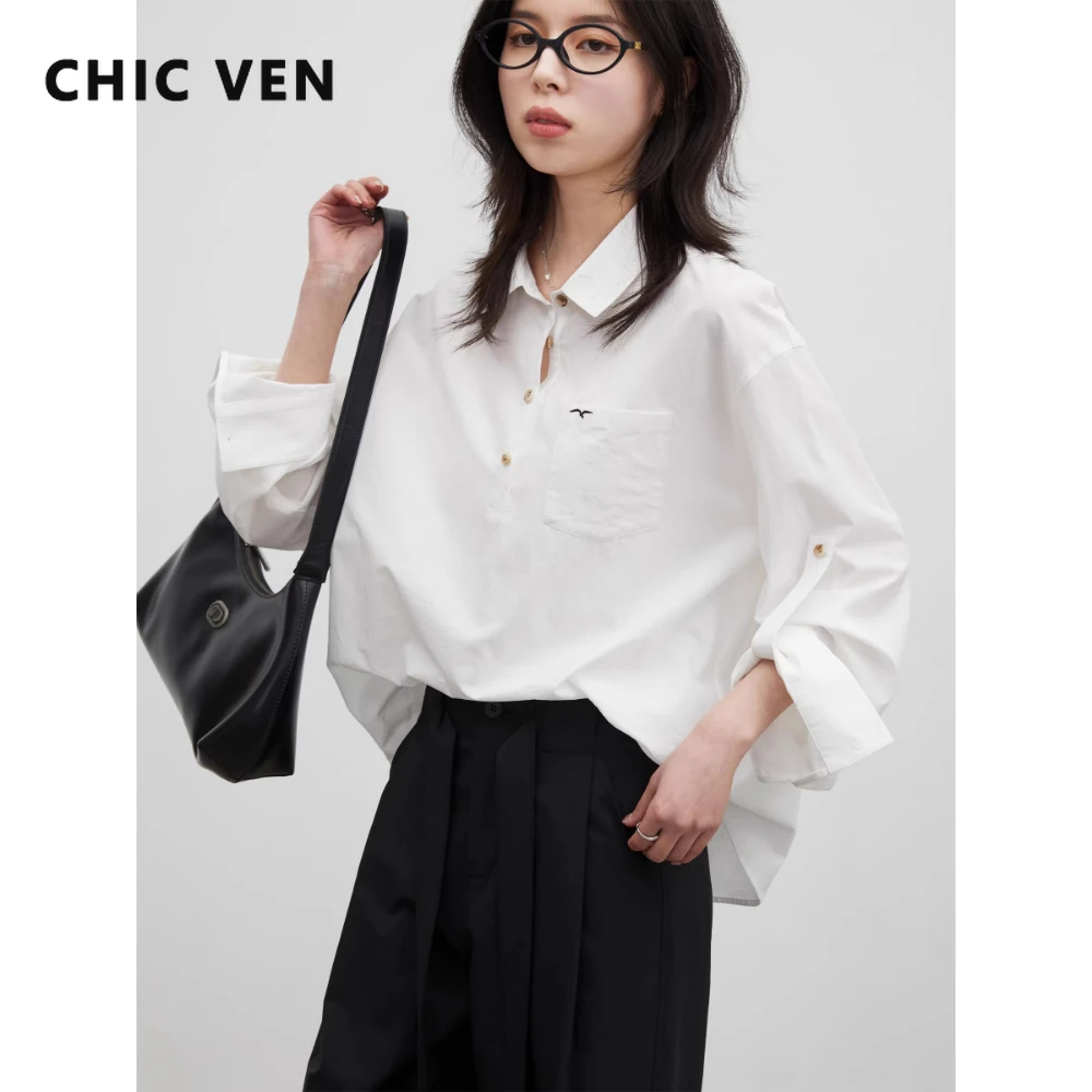 

CHIC VEN Women Shirt Loose Casual V-neck Placket Front Embroidered Blouses Cotton Long Sleeved Female Blouses Spring Summer 2026