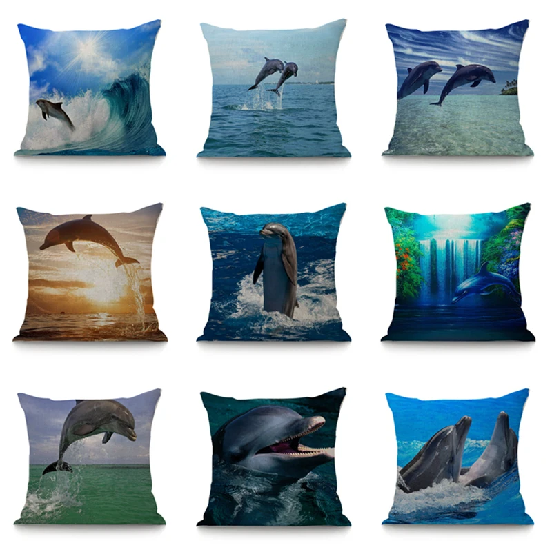 Cartoon Picture Printing Pillowcase Chair Sofa Bed  Home Linen Cotton Cute Dolphin Cushion Cover