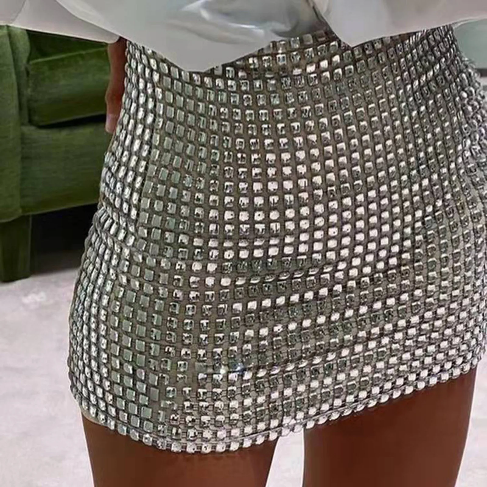 2024 New Fashion Women Grid Sequin Mini Skirt Silver Sequins Stitching Casual Slim Bodycon Short Skirts Sexy Party Club Skirt