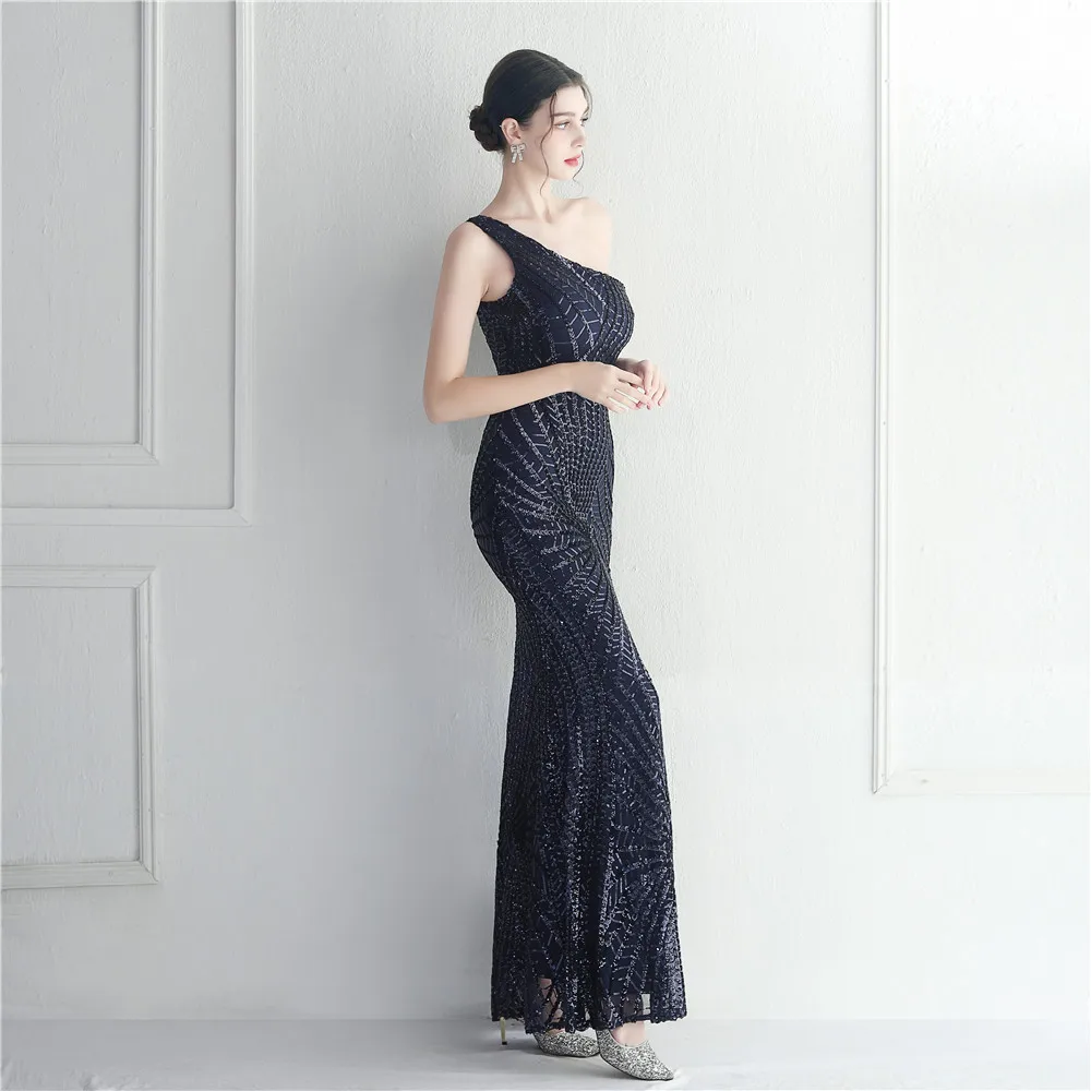 Evening Dress Navy Blue Sequins Stretchy One Shoulder Zipper Mermaid Trumpet Floor Length Slit Women Party Formal Gown YE297