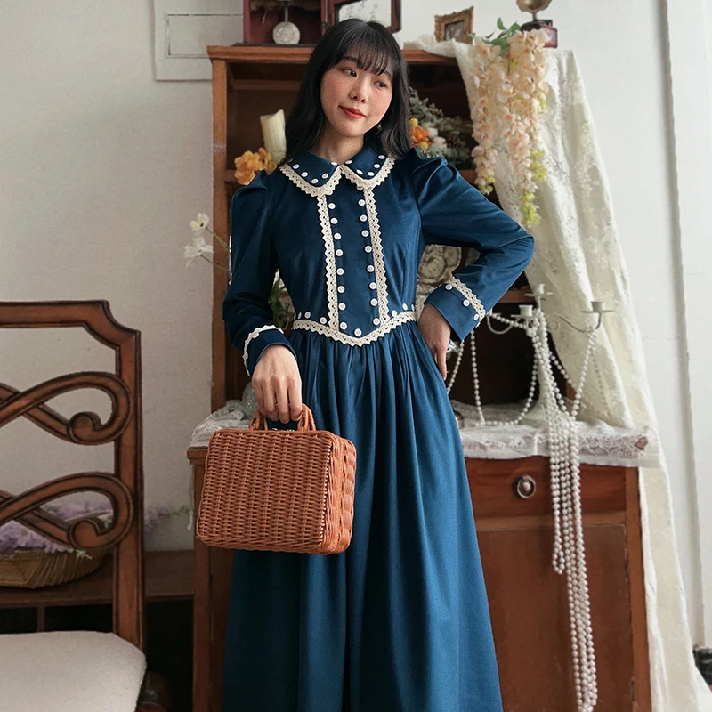 Anxin sh princesa retro vintage lapela tribunal cisne azul veludo elegante manga longa flor renda zíper vestido de noite personalizado