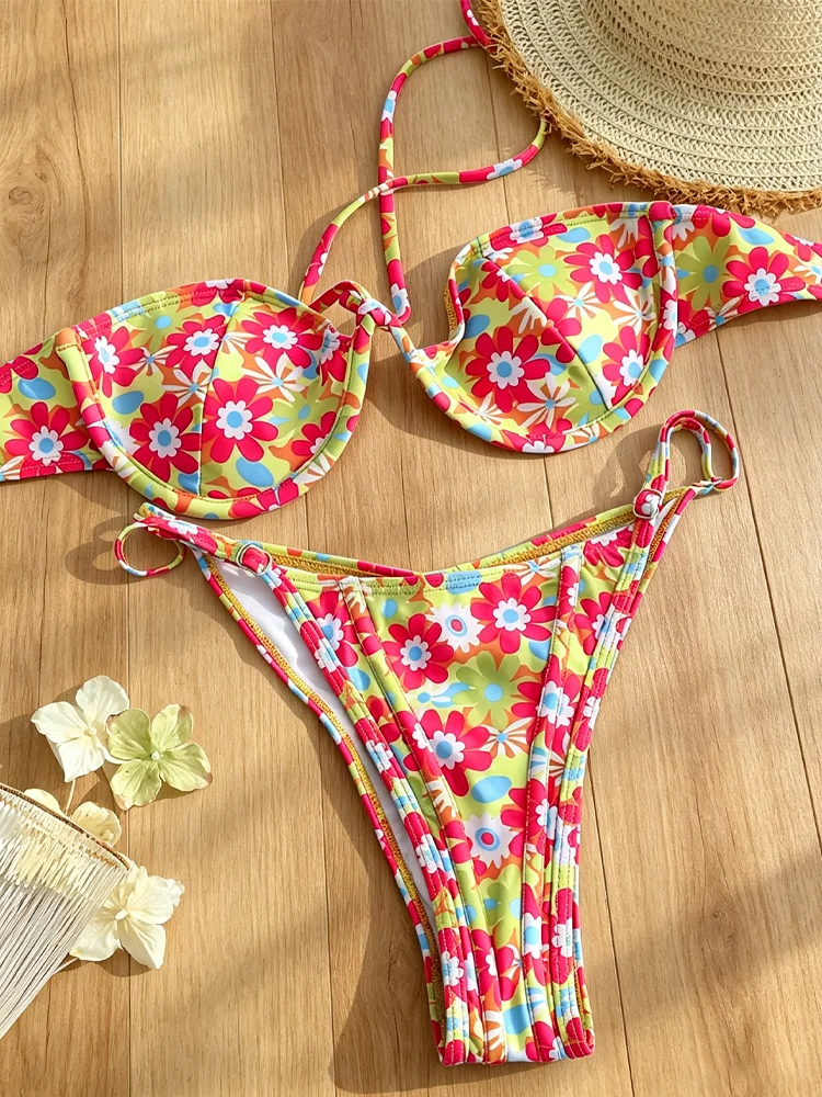 Rinabe Floral Print Bikini Halter Swimsuit High Cut Bikinis  Swimsuit  Swimwear  Bathing Suit Two-Piece Beachwear