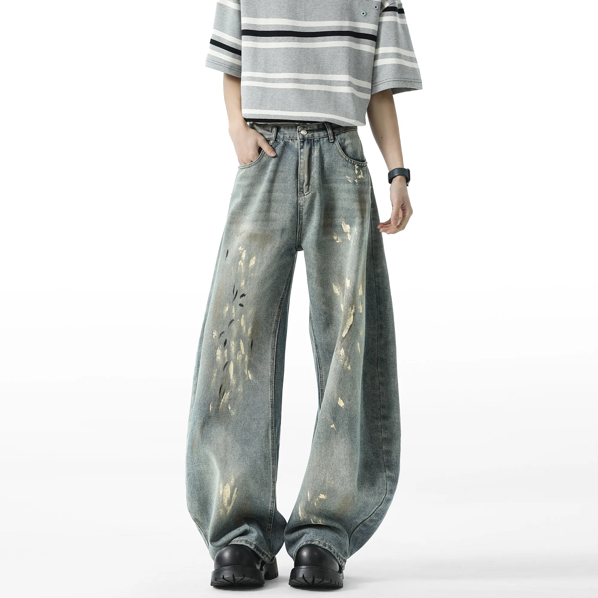 Men Blue Washed Denim Jeans Loose Fit Wide Leg Baggy Streetwear Casual Trousers Hip Hop Graffiti Design Fashion Stretch Comfort