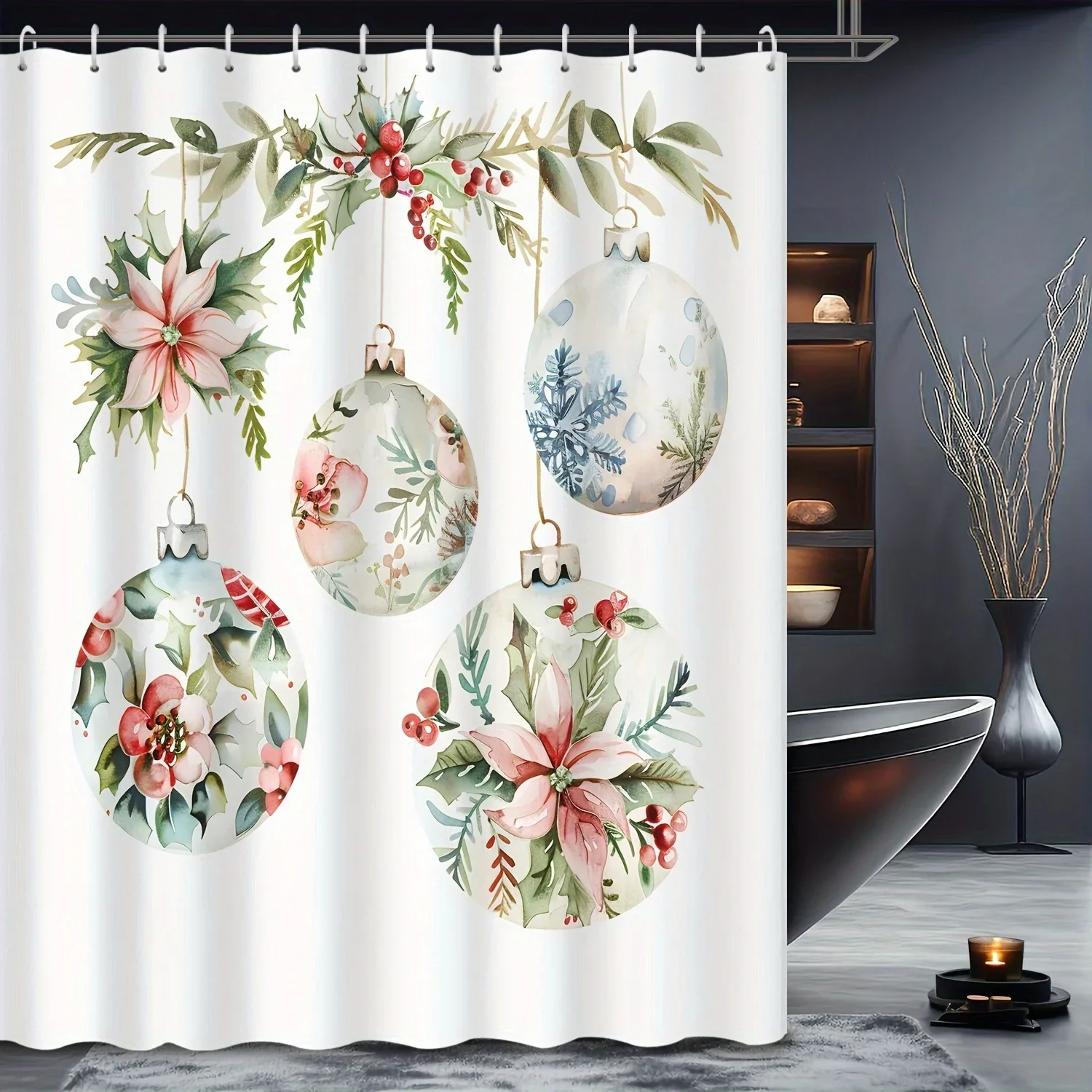 

Мультяшная рождественская занавеска для душа — акварельные растения и цветы, 12 крючков, дизайн рождественского шара, декор для ванны