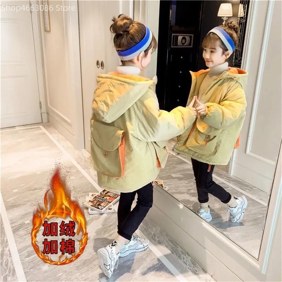 

4 6 8 9 10 12 13 Years Girls Jacket Autumn Winter Plus Velvet Warm Teen Kids Jackets Fashion Mid-Length Zipper Hooded Girl Coat