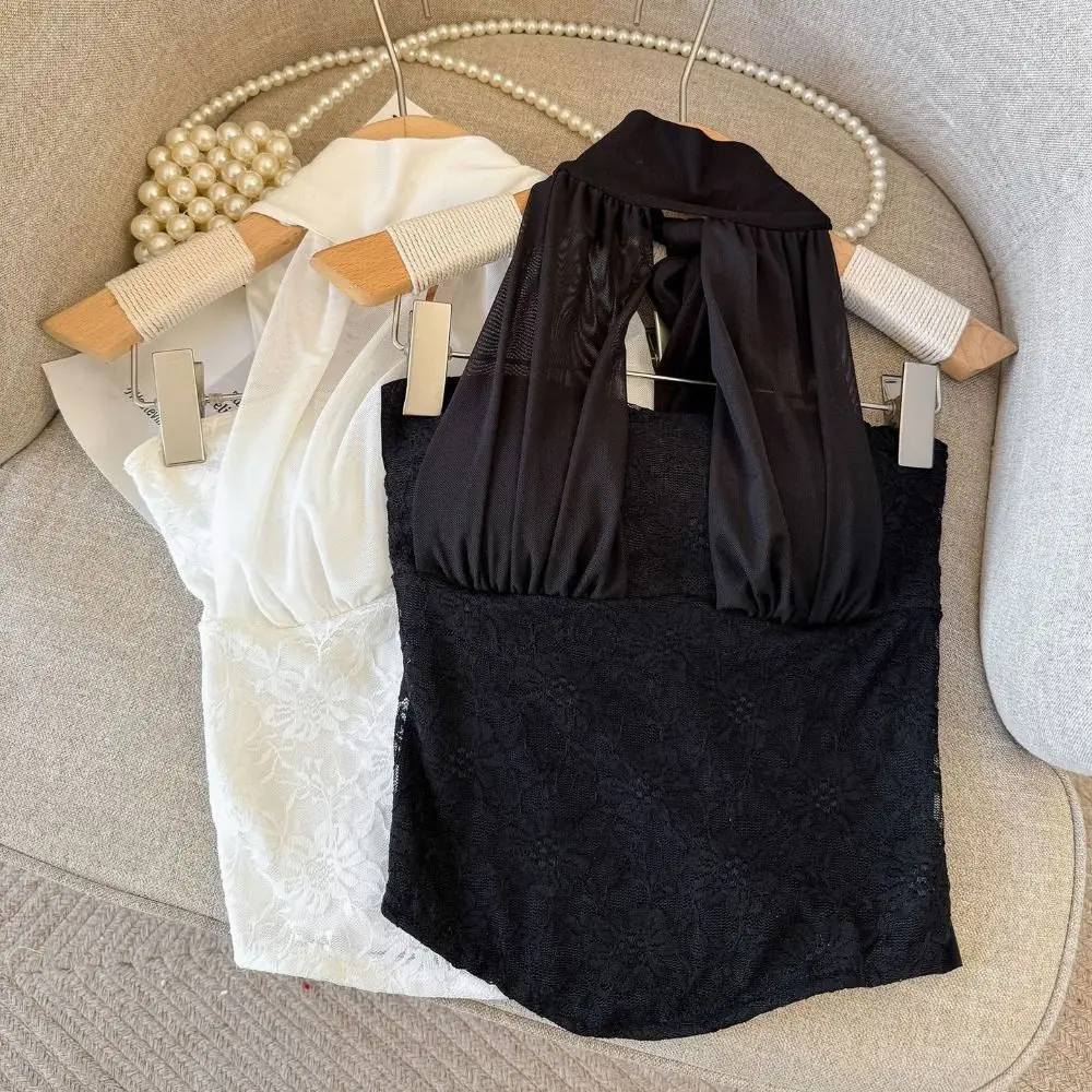 Ins Style Sleeveless Lace-up Camisole Pleated Halter Lace Vest Tops Solid Color Beach Wear Women's Crop Top Girl
