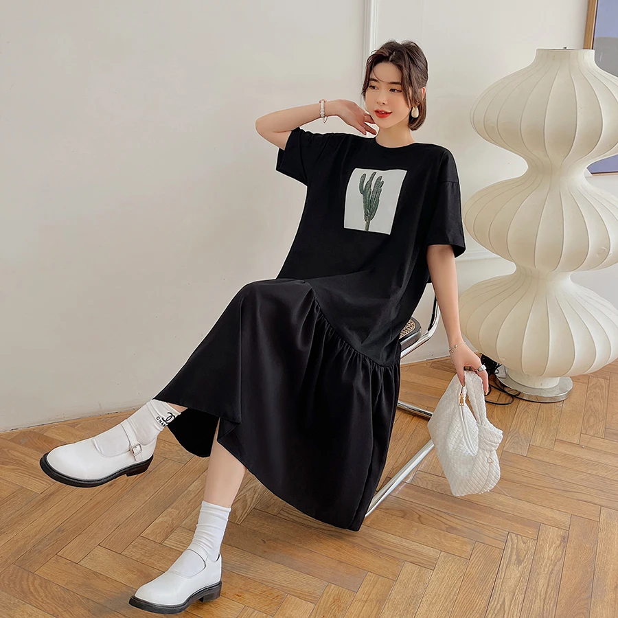 T-shirt coupe ample pour femmes, longueur aux genoux, jupe trapèze, ort Sve, ourlet Patchwork, rue, tricoté, été 2024