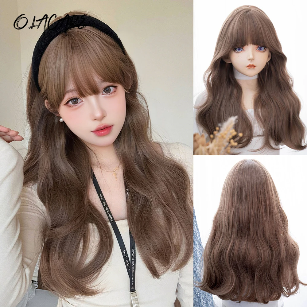 OLACARE 24Inch Golden Light Brown Synthetic Lace Wigs Middle Part Long Wavy Hair For Women Daily Use Heat Resistant