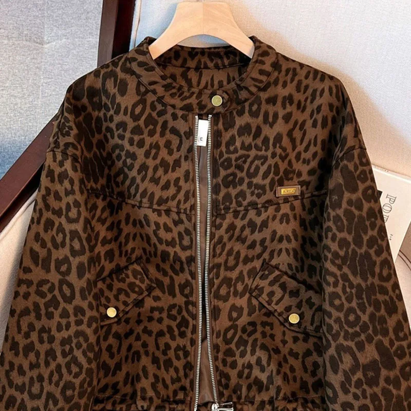 Coffee Leopard Print Fashion Stand Up Collar Short Coat Women's Jacket 2026 Spring Autumn Versatile Slim Casual Top Outerwear