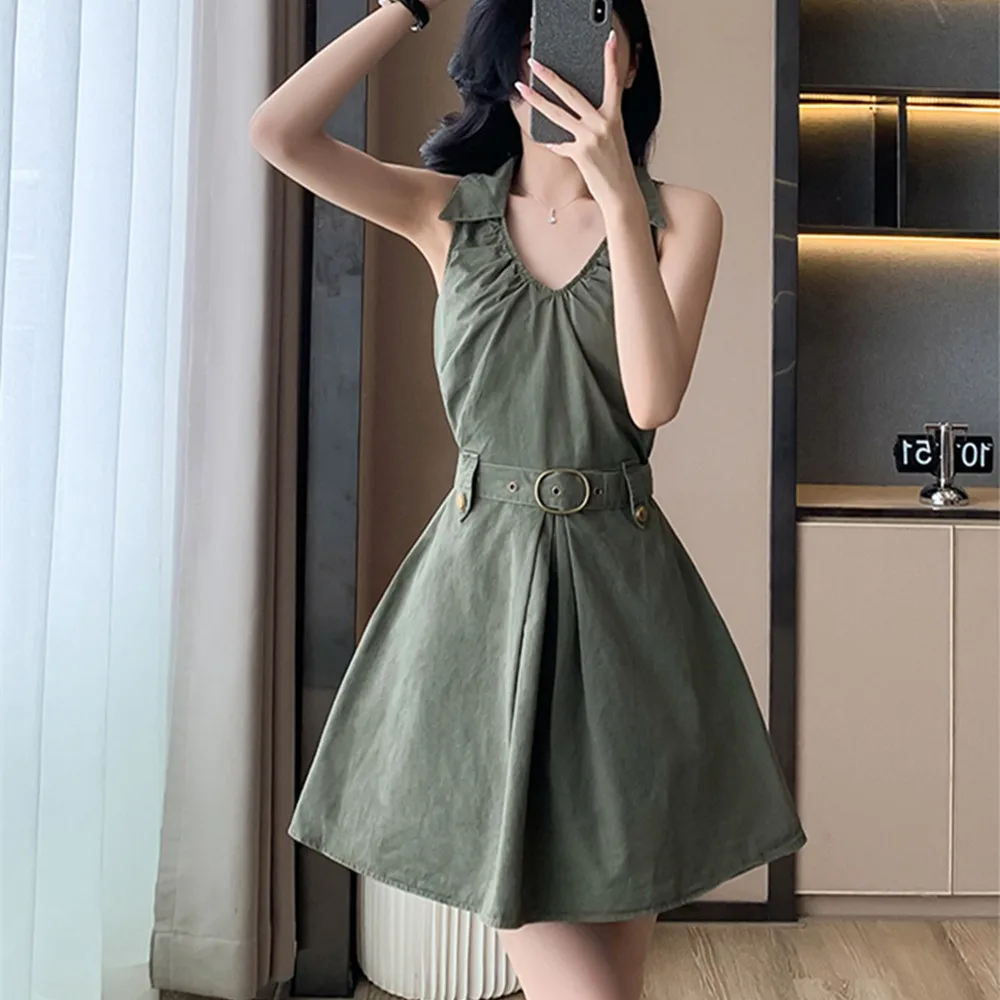 

Зеленое элегантное женское мини-платье однотонного цвета с глубоким v-образным вырезом и открытыми плечами, плиссированной талией, однотонное платье, новый летний продукт