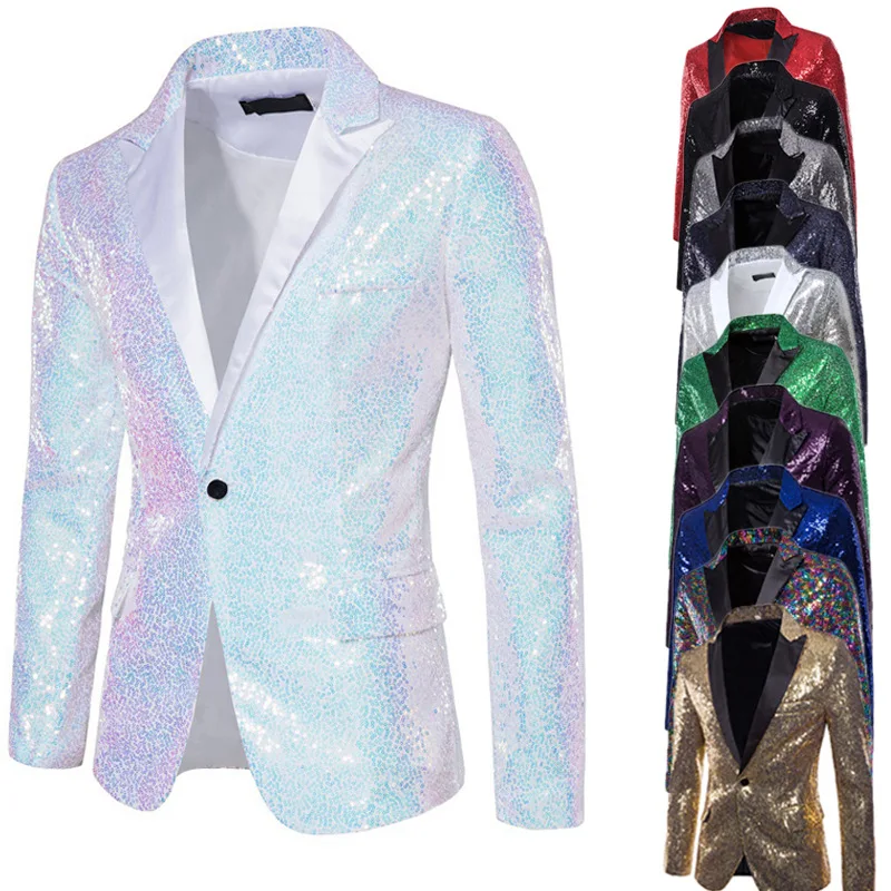 

White iny Sequin Men's Small Suit for Host Evening Par Performer Singer Performance Ceremony Ele Formal Dr Code